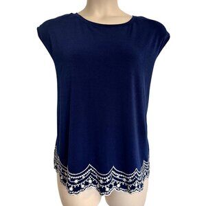 Elle Royal Blue Scalloped Hem Embroidered Size XXL White Trim Sleeveless EUC